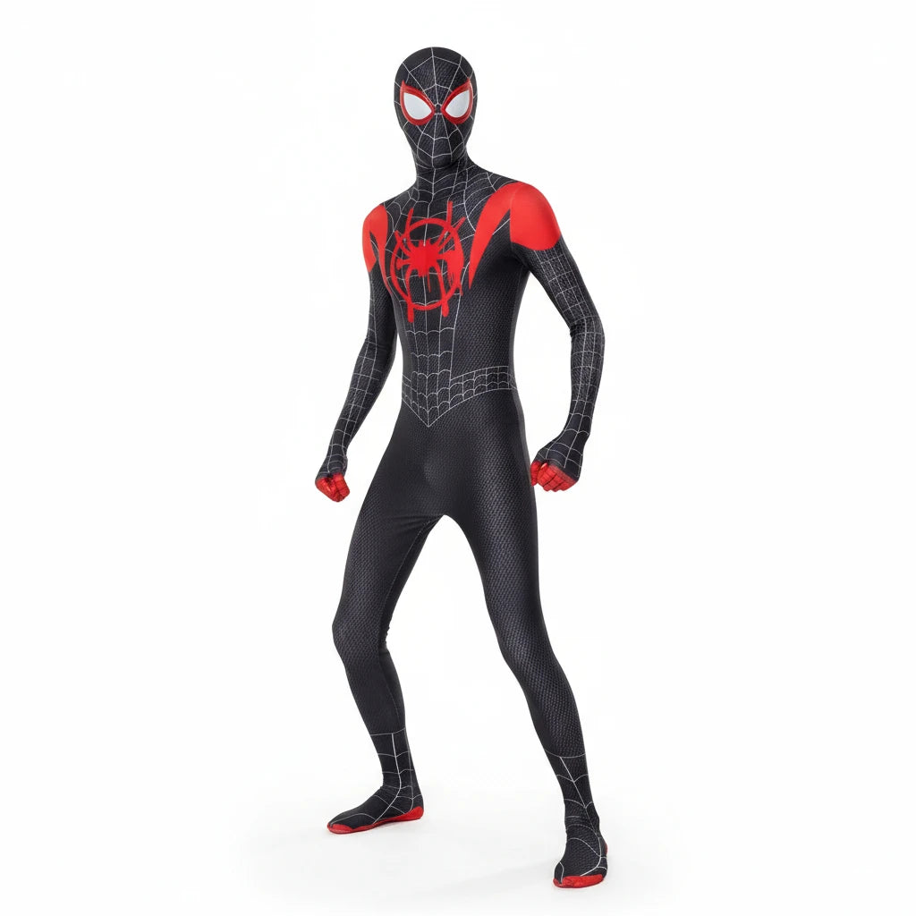 Standing pose Miles Morales costume with white background.