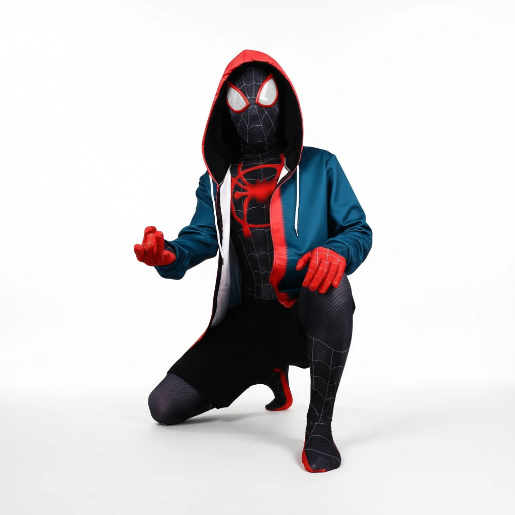 Kneeling pose Miles Morales outfit with white background.