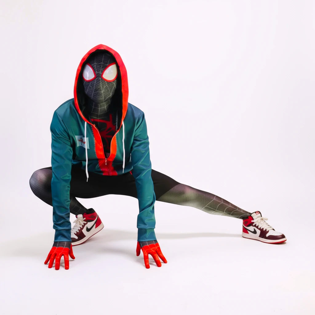 Spiderman pose Miles Morales outfit with white background.
