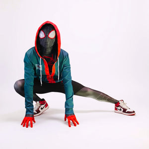 Spiderman pose Miles Morales outfit with white background.