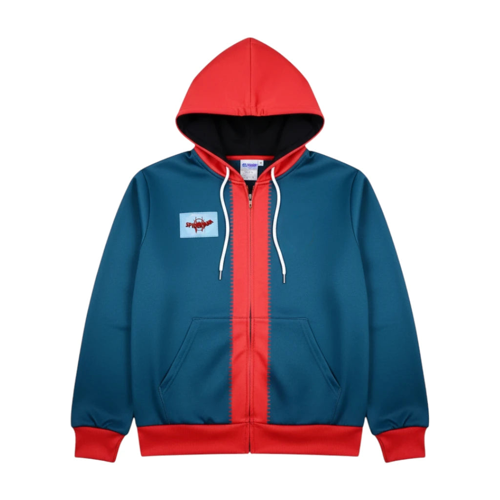 Miles Morales hoodie laid flat with white background.