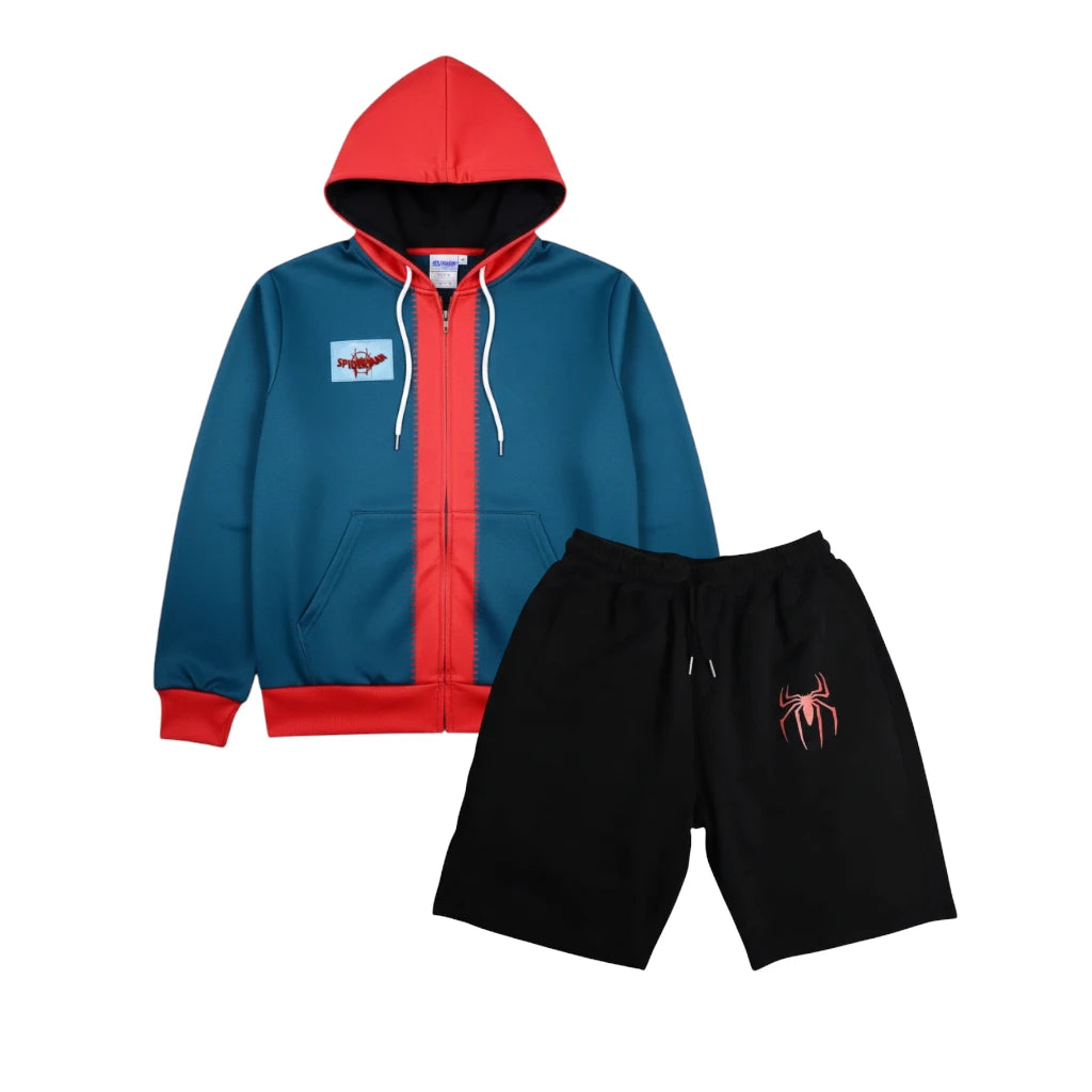 Miles Morales hoodie and shorts laid flat with white background.