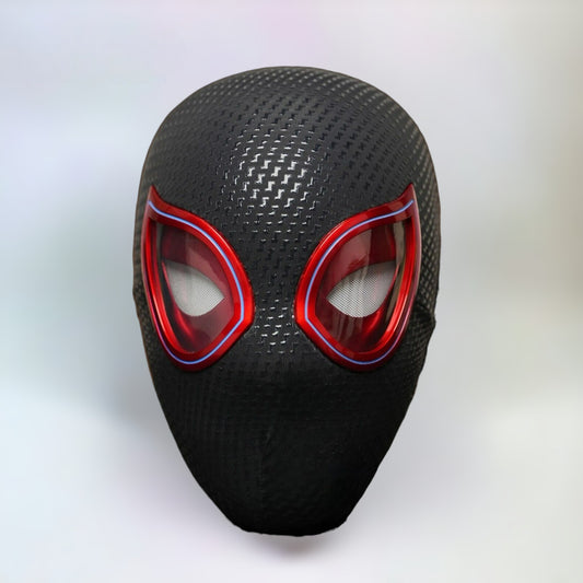 Miles Morales Mask Blinking Movable Eyes Spiderman Ring Remote Control. Miles Morales mask with plain white background.