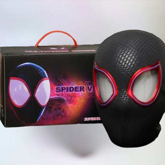 Miles Morales Mask Blinking Movable Eyes Spiderman Ring Remote Control. Miles Morales mask and box with plain white background.
