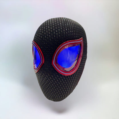 Miles Morales Mask Blinking Movable Eyes Spiderman Ring Remote Control. Miles Morales mask with Blue LED Lights on a plain white background.
