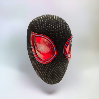 Miles Morales Mask Blinking Movable Eyes Spiderman Ring Remote Control. Miles Morales mask with Red LED Lights on a plain white background.