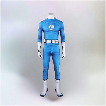 Mister Fantastic costume displayed on a mannequin with a light grey background.
