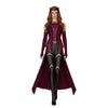 Scarlet Witch costume worn by female model, featuring red and black bodysuit with cape and headpiece.