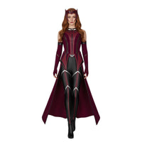 Scarlet Witch costume worn by female model, featuring red and black bodysuit with cape and headpiece.