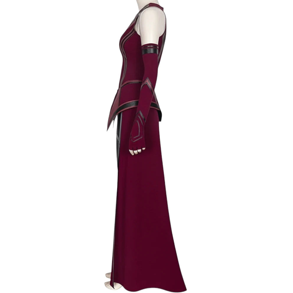 Scarlet Witch costume profile view, featuring red and black bodysuit with cape and headpiece.