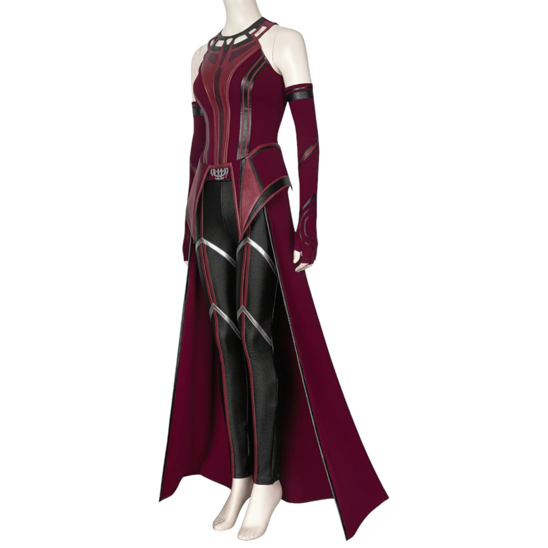 Scarlet Witch costume side view, featuring red and black bodysuit with cape and headpiece.