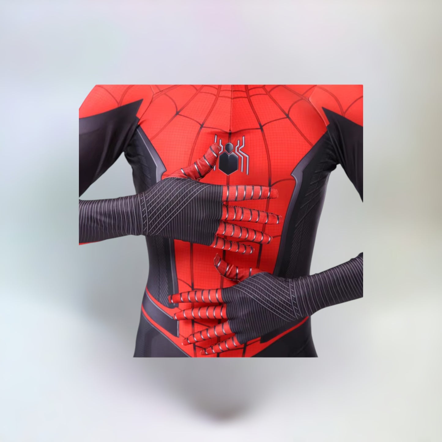 Close-up of Spider-Man costume chest and gloves, highlighting fabric texture and web pattern details.