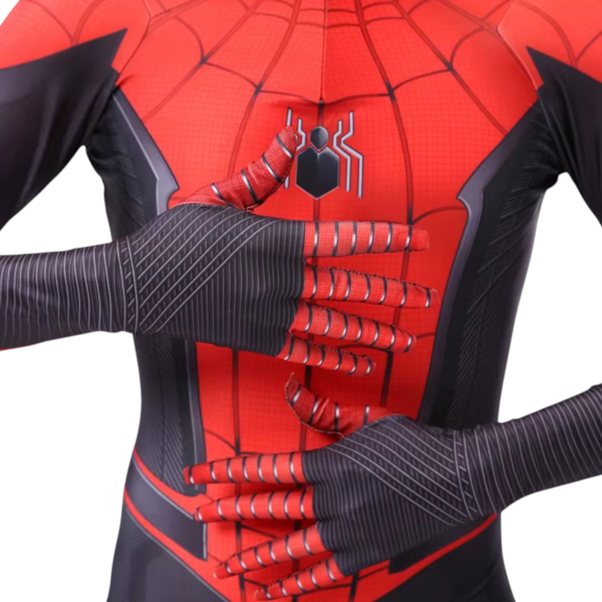 Close-up of Spider-Man costume chest and gloves, highlighting fabric texture and web pattern details.