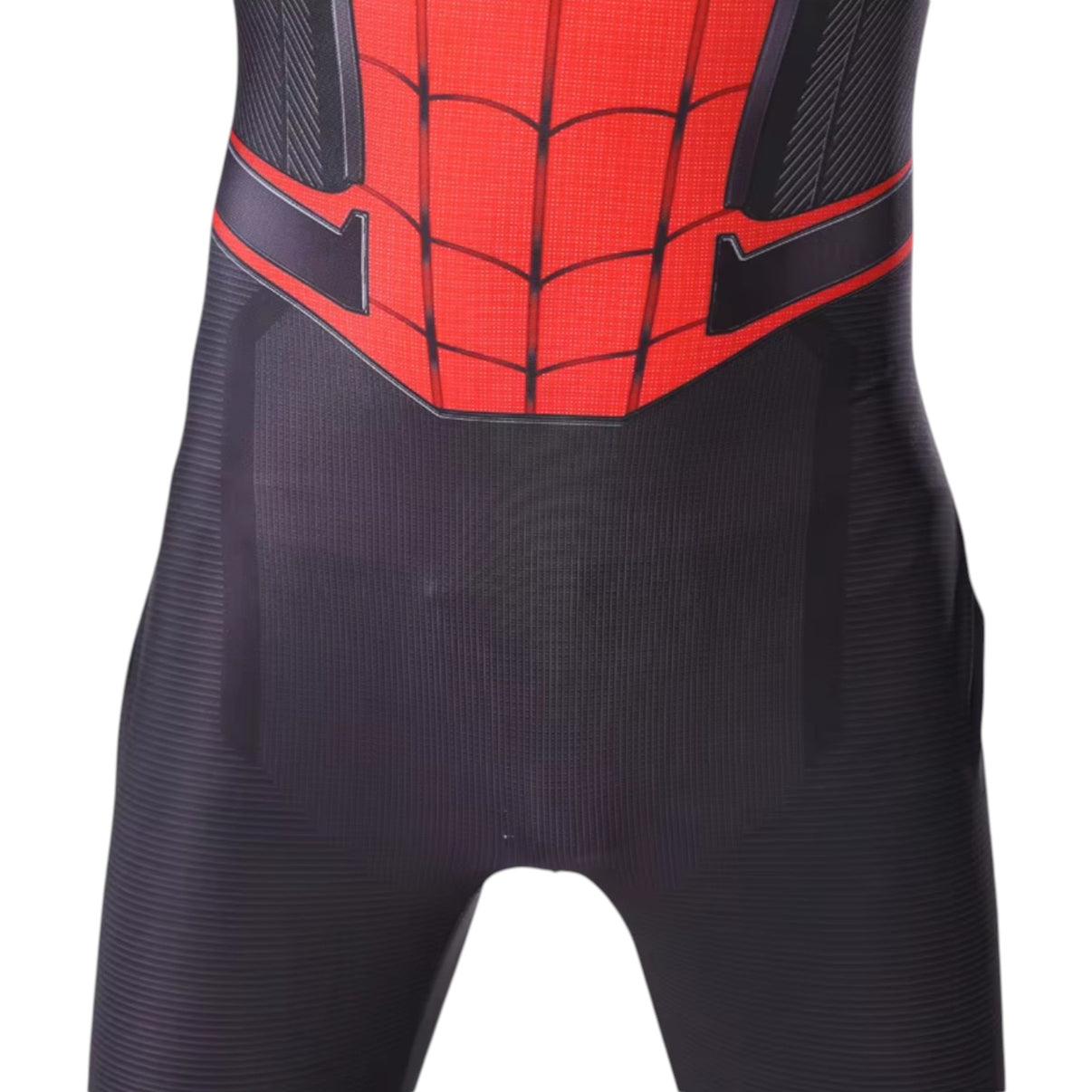 Detailed close-up of the hips area of the Spider-Man costume, showing suit design and fit.