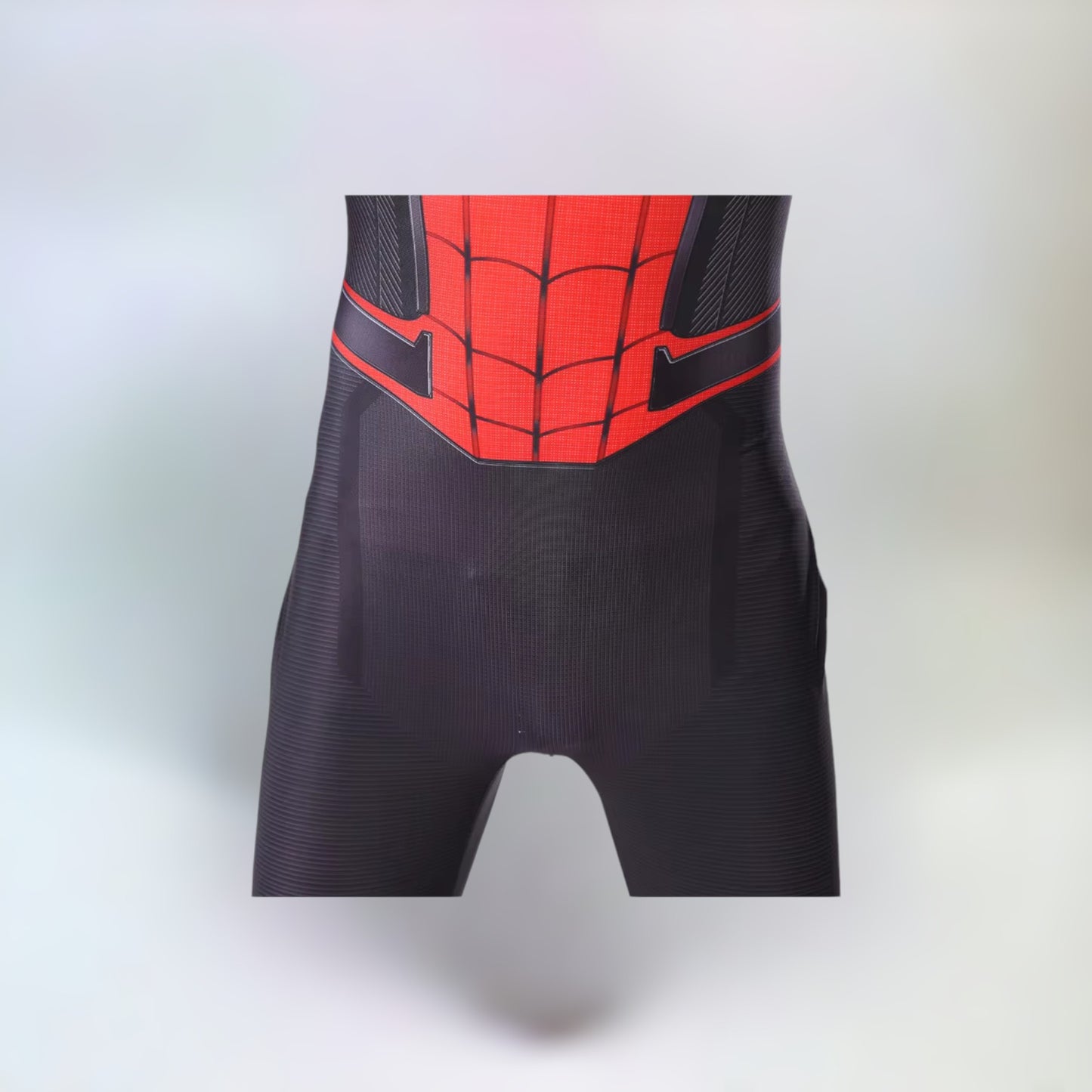 Detailed close-up of the hips area of the Spider-Man costume, showing suit design and fit.