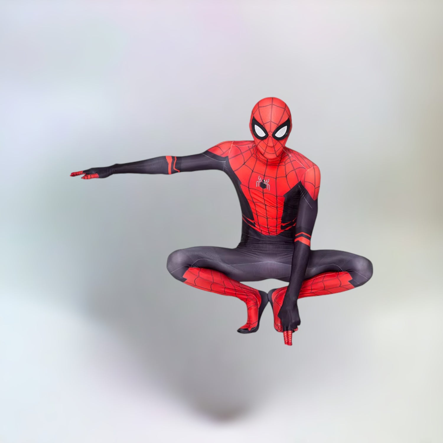 Person crouch posing in full Spider-Man costume, showcasing dynamic action pose.