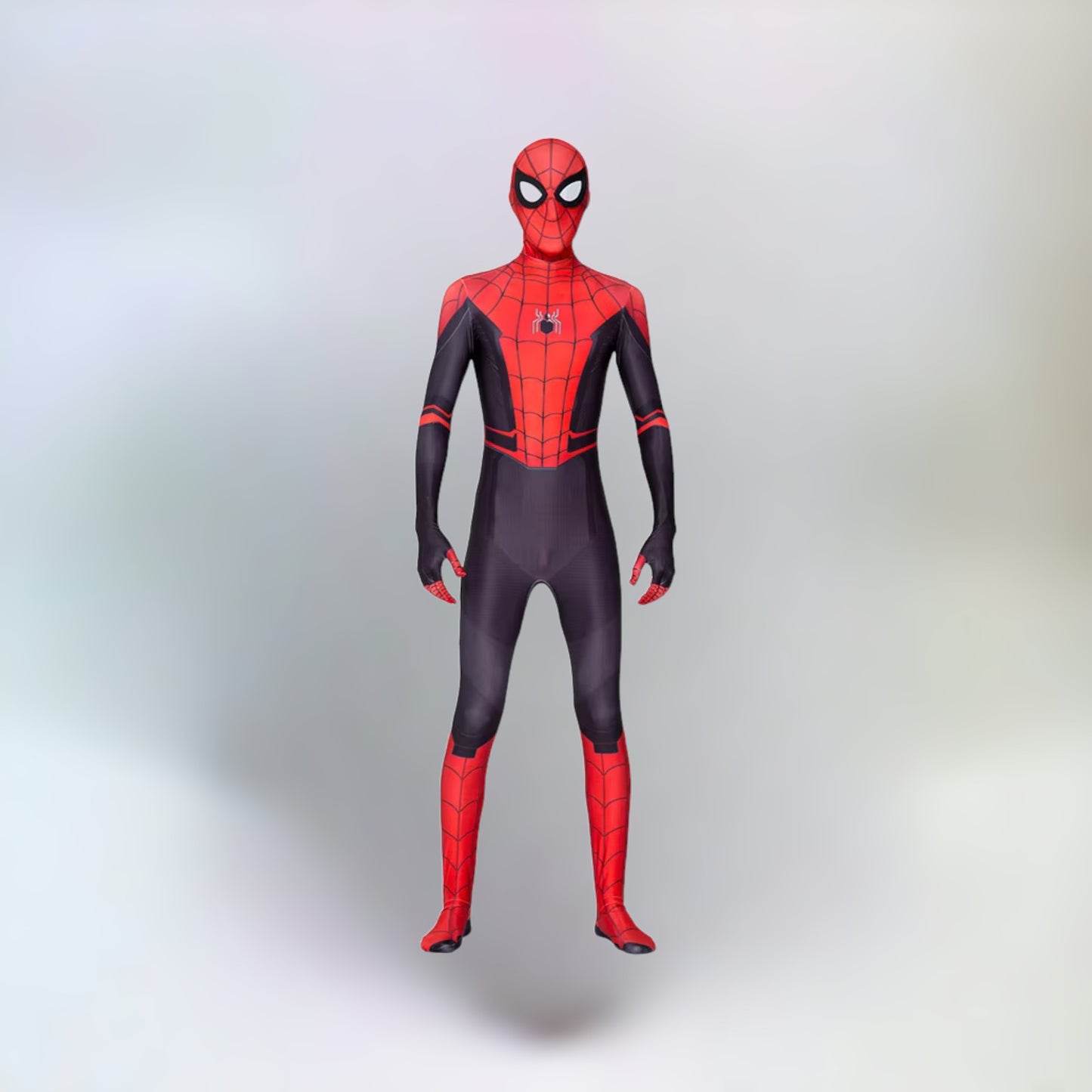 Full-body view of a person standing in a Spider-Man costume, displaying the front design.