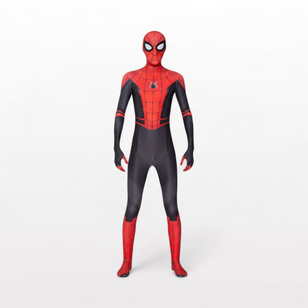 Full-body view of a person standing in a Spider-Man costume, displaying the front design.