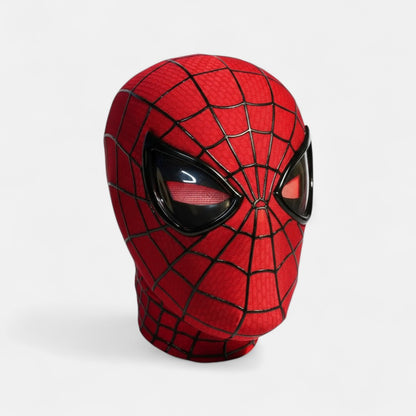 The Amazing Spiderman Mask with Blinking Movable Eyes Remote Controlled and LED Lights Red LED Eyes Closed Spiderman mask with plain white background