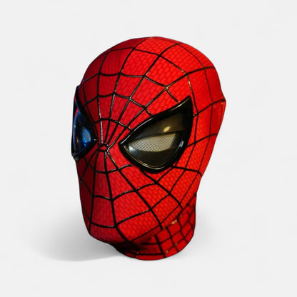 The Amazing Spiderman Mask with Blinking Movable Eyes Remote Controlled and LED Lights Side View. Spiderman mask with plain white background