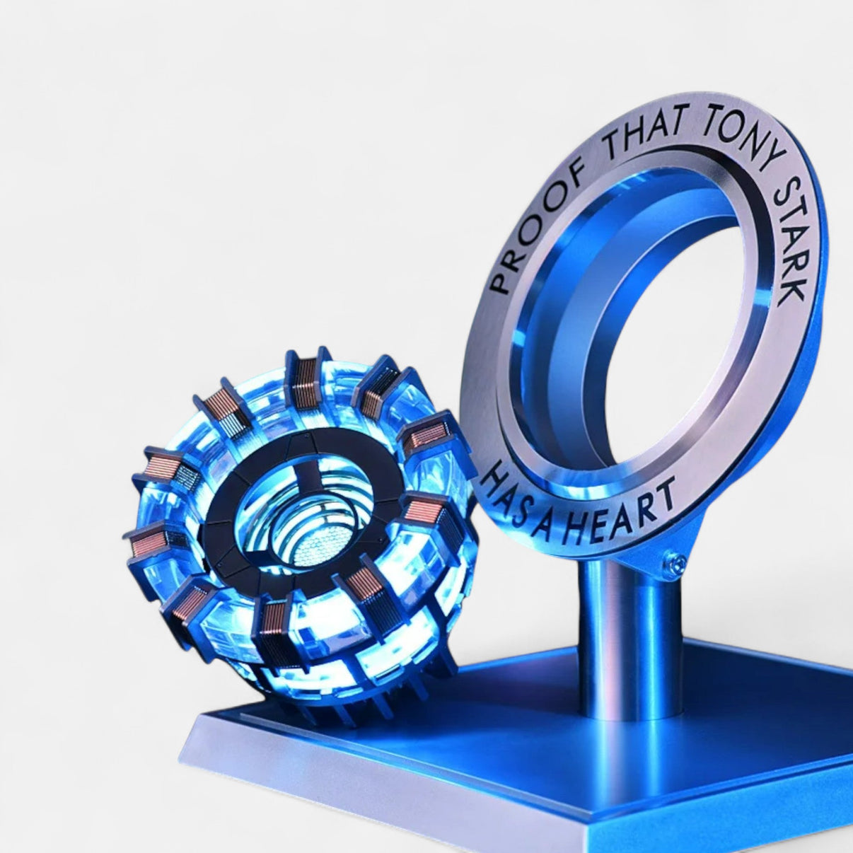 Tony Stark Arc Reactor LED Lamp. The iconic Iron Man Tony Stark's Arc Reactor and Base as an LED Lamp on a plain white background.