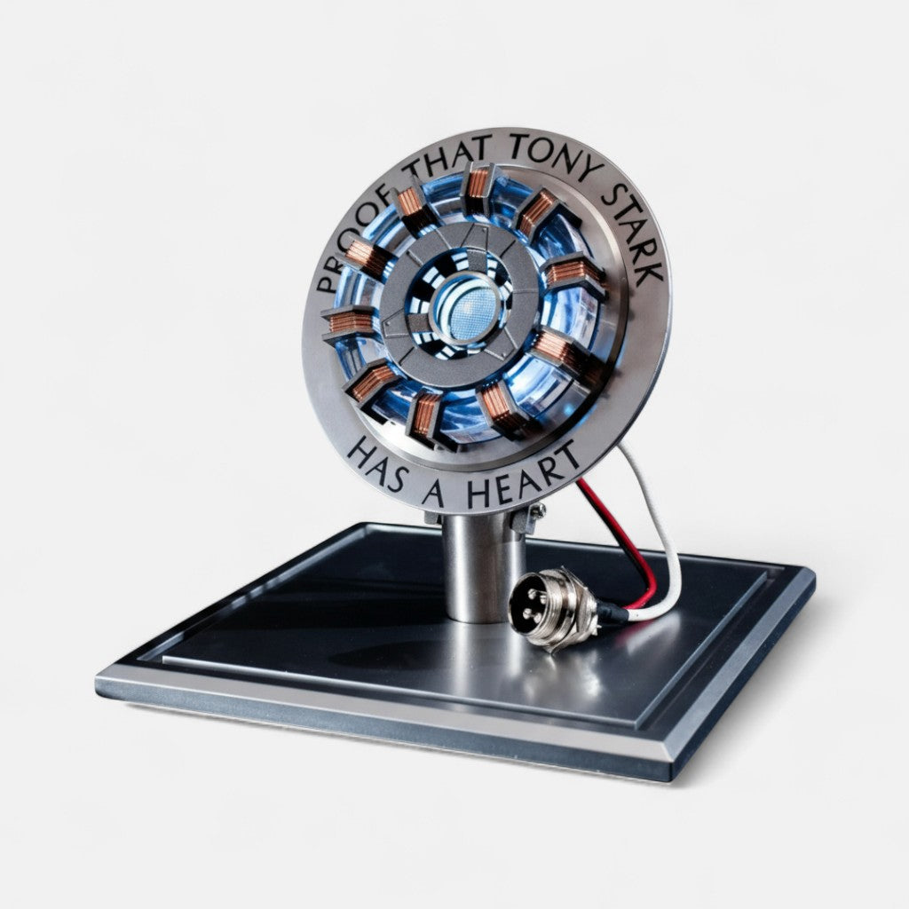 Tony Stark Arc reactor lamp without the cover on a plain white surface.
