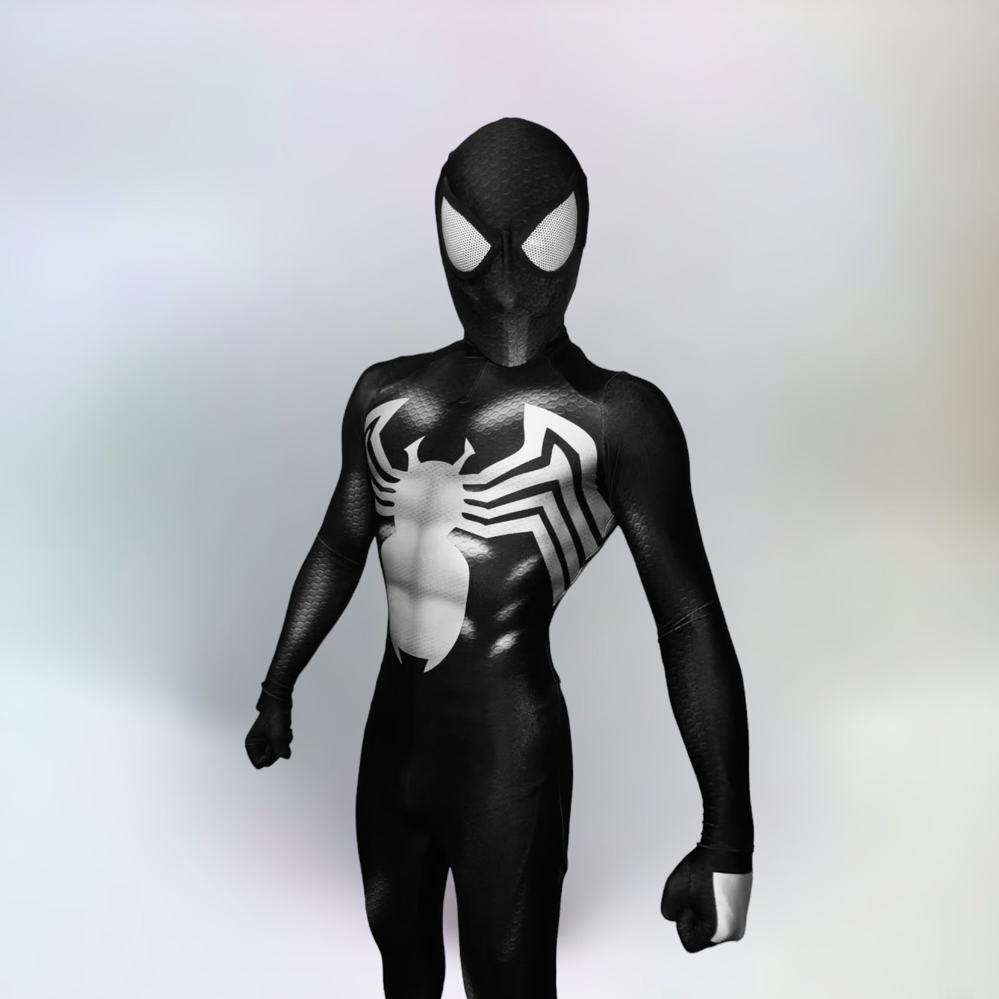 Venom full body costume front side in plain white background.