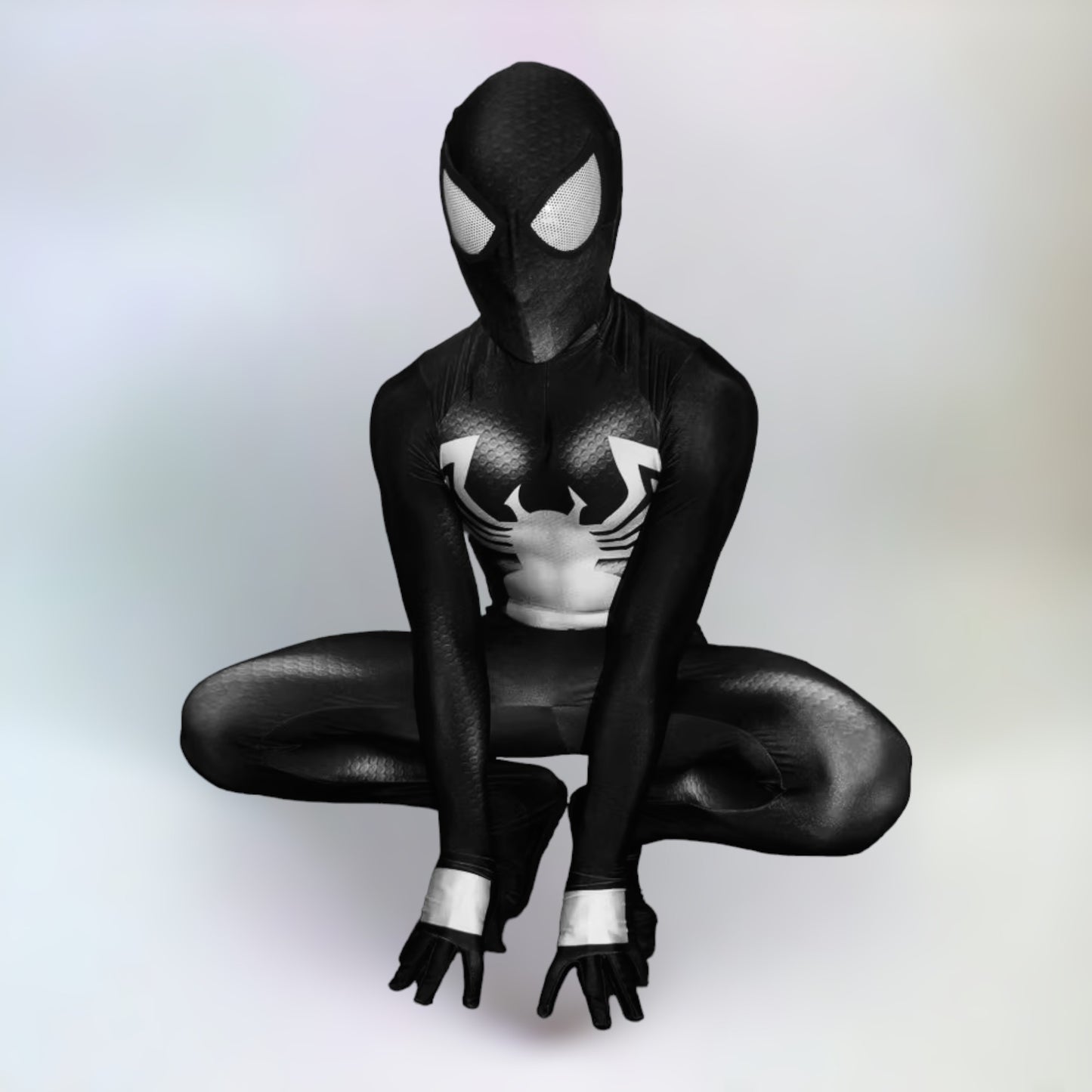 Venom full body costume posing in the iconic Spiderman pose in plain white background.