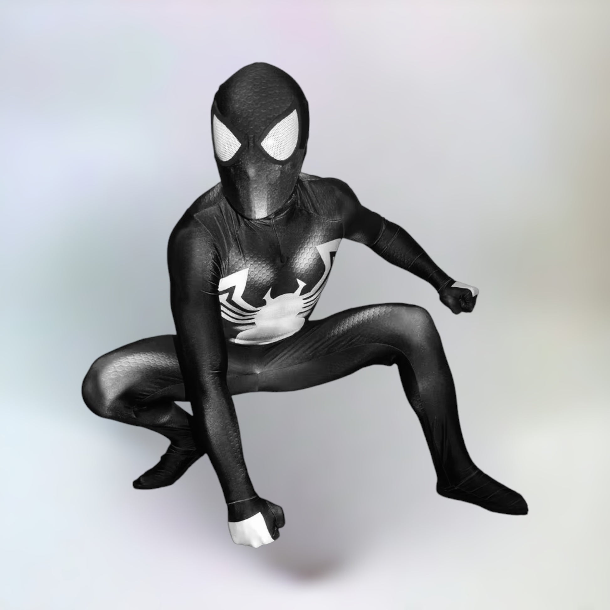 Venom full body costume posing in plain white background.