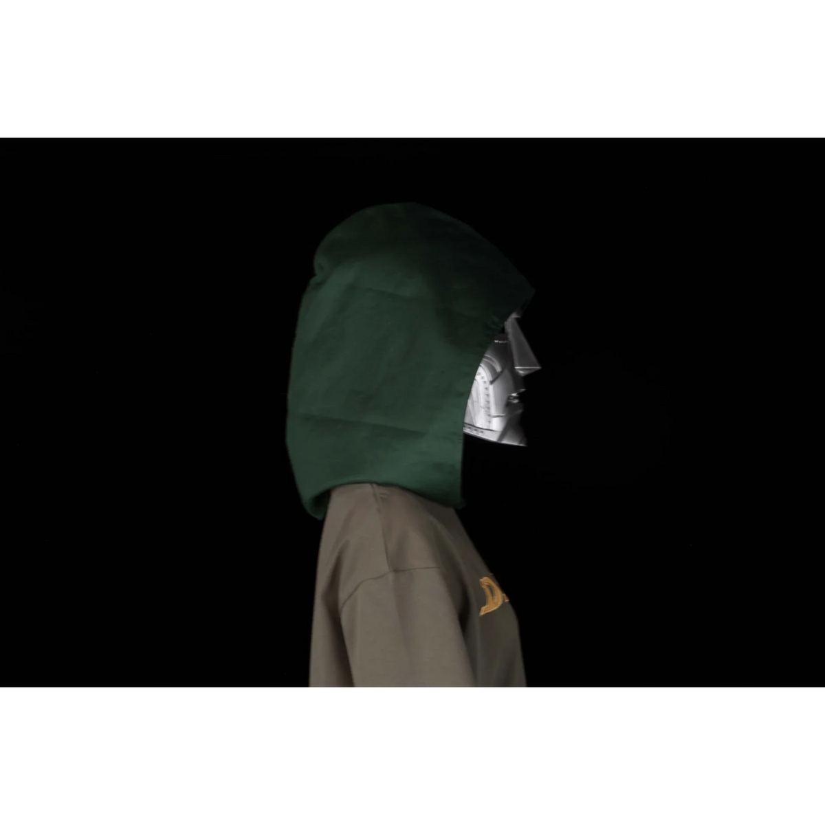 ZD Toys Doctor Doom role play mask worn, side profile.