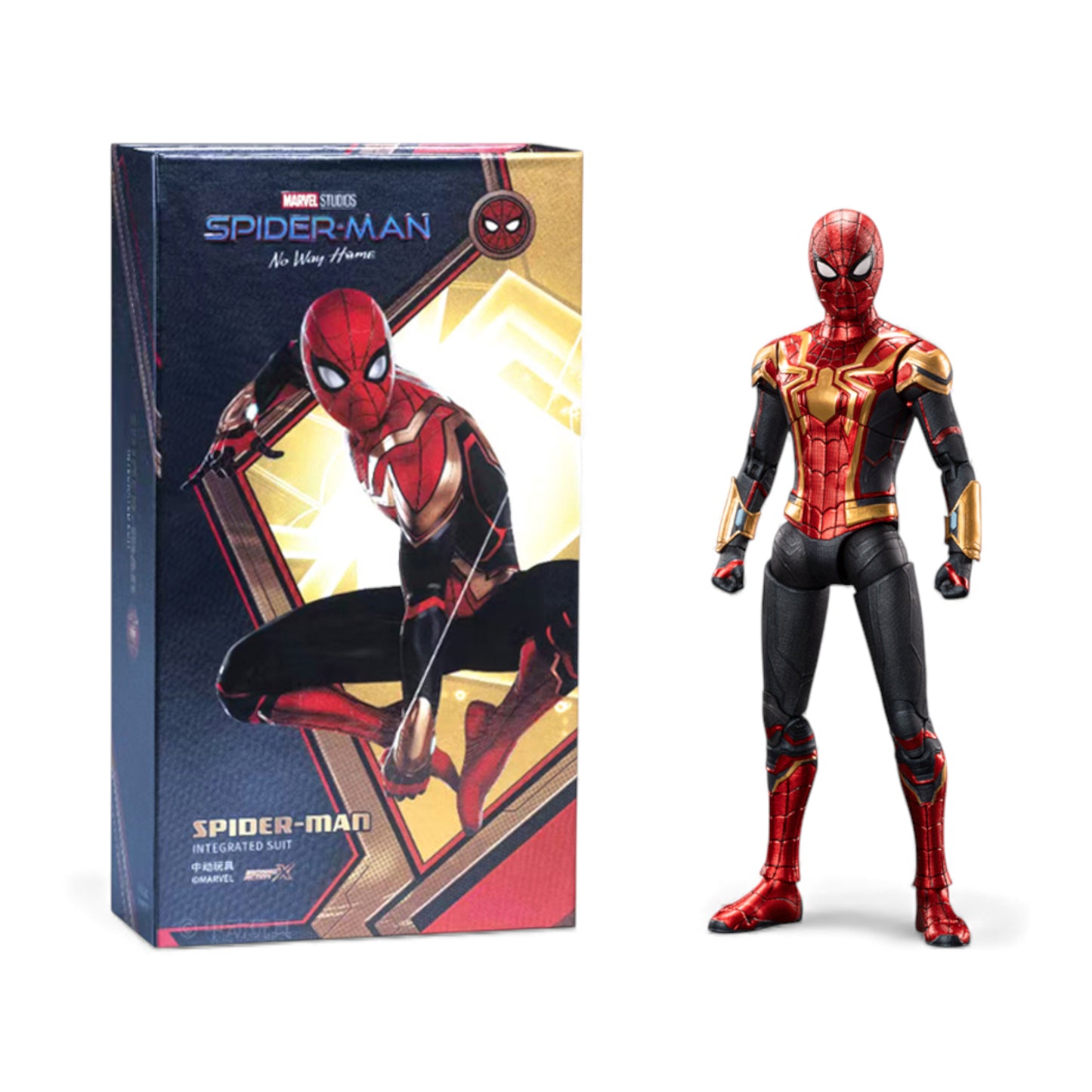 ZD Toys Spiderman Iron Integrated Suit 1/10 Scale Action Figure from Spiderman No Way Home action figure next to its box.