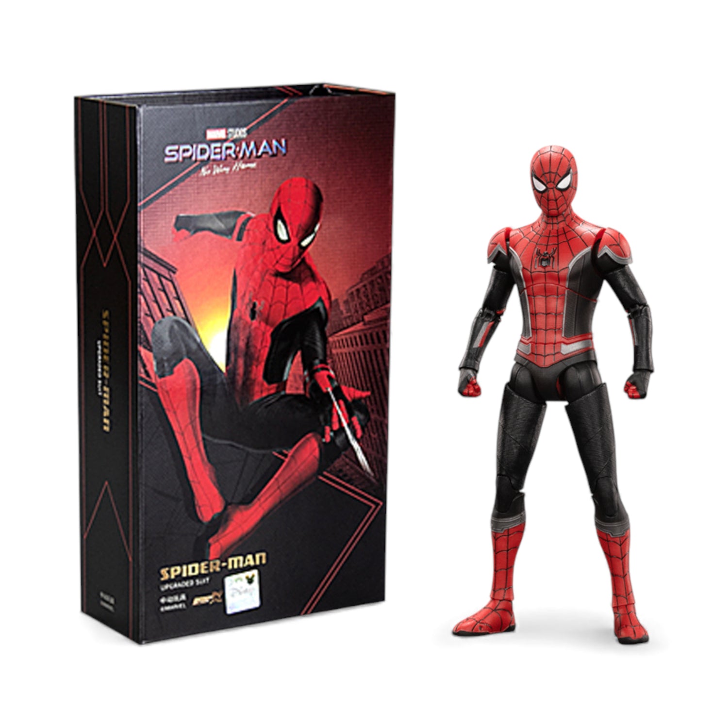 ZD Toys Spiderman Upgraded Suit 1/10 Scale Action Figure from Spiderman No Way Home action figure next to its box.