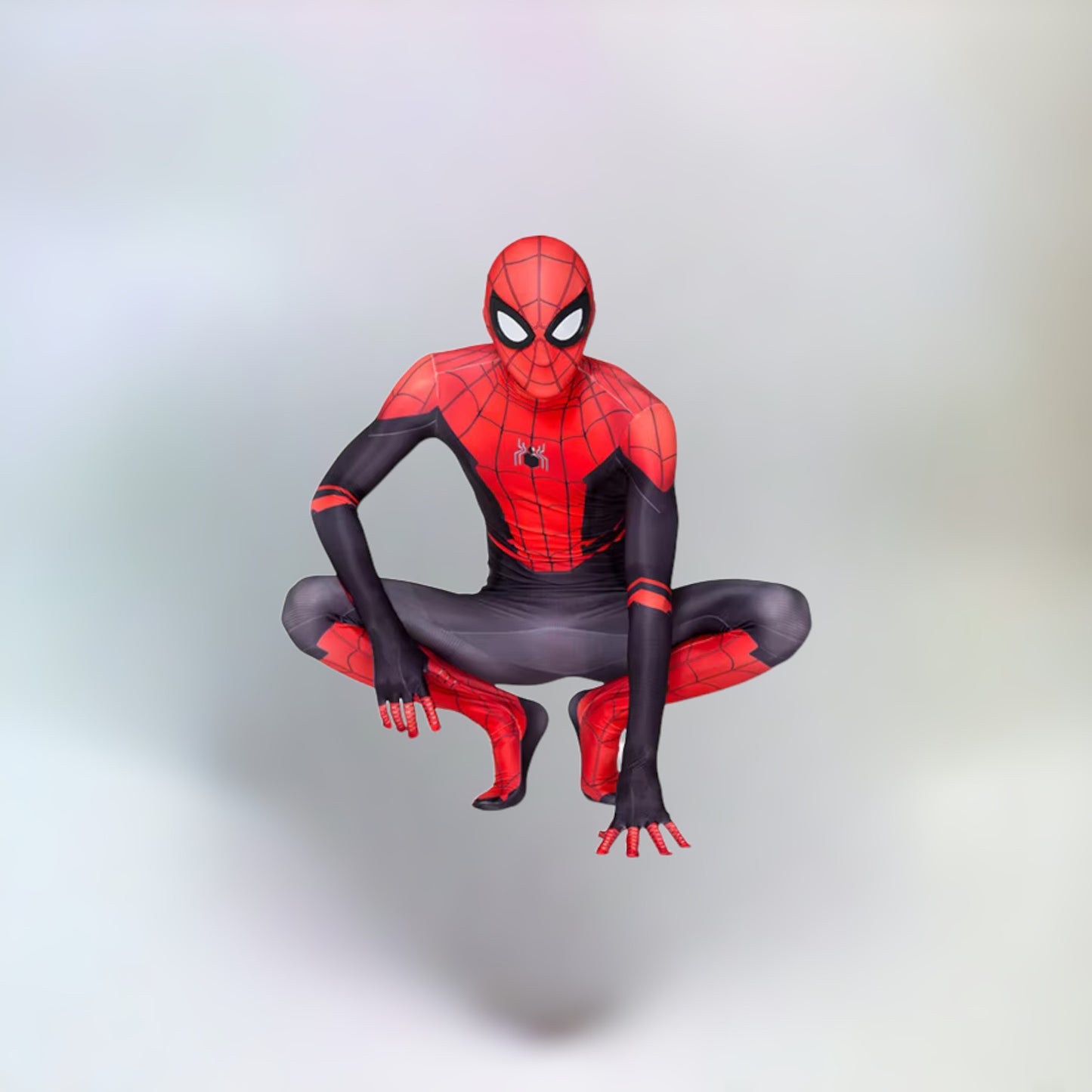 Person posing in full Spider-Man costume, showcasing dynamic action pose.